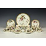 A set of six Royal Worcester ornithological 'jewelled' coffee cups and saucers, impressed factory