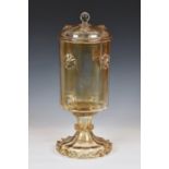 A rare antique iridescent moulded glass pedestal lidded lemonade dispenser / apothecary jar, of