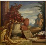 Italian School (early 20th century), Still life of roses in a classical urn, a Roman bust, books,