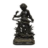 A Coalbrookdale style cast iron stick stand, in the form of the infant Hercules fighting a snake,