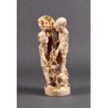 A Japanese carved ivory okimono of two farmers, Meiji period (1868-1912), the two men holding