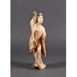 A Japanese carved ivory okimono of a dancer, Meiji period (1868-1912), her right hand raised, signed