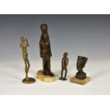 A bronze Egyptian Pharaoh figure, raised on oval marble plinth, 9in. (22.8cm.) high; together with