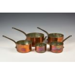 A set of five vintage French graduated copper saucepans, each stamped 'Cuivre Villedieu', having