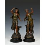 Par Bruchon - a pair of early 20th century spelter female figures, each bearing a plaque to