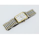 A stainless steel Mappin & Webb quartz bicolour watch, rectangular, white Roman dial measuring