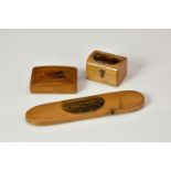 Mauchline ware - ring box, snuff box, spectacles case, the ring box of chest form with transfer