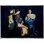 Zheng Yue Wei (Chinese, late 20th century), Three court musicians oil on canvas, signed lower