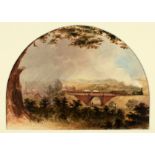 English School, mid-19th century, Steam Train pulling Logs across a Bridge, watercolour, 6¾ x 9½