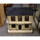 A vintage 20th century two storey Georgian style dolls house with contents, of painted wood