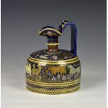 An unusual Hungarian Zsolnay Pecs water jug or ewer, of squat cylindrical form with tricorn spout