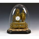 A French gilt metal and alabaster mantel clock with glass dome, c.1900, the baroque style base