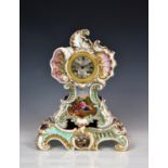 A French porcelain mantel clock, 19th century, the twin train movement with silk suspension and