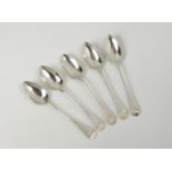 A set of five late 18th century Channel Islands silver Old English pattern shell back teaspoons,