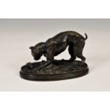 Bronze - after Henri Emile Adrian Trodoux, of a dog trapping a rat, raised on oval plinth, signed '