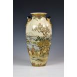 A large Japanese earthenware Satsuma vase, lobed ovoid form, finely painted with an extensive