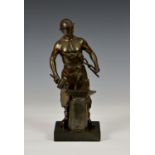 A modern cast bronze figure of a blacksmith, unmarked, standing on a square marble plinth, with