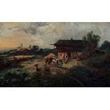 John Holland Sr. (English, b.c1805. fl.1831-1879), Continental Village Scene with Figures oil on