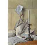 Pierre Ferioli (French, b.1920), Still life with a duck, silver candlestick and bowl, oil on canvas,