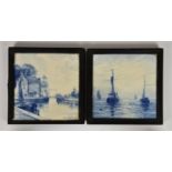 Two framed Joost Thooft & Labouchere Dutch Delft blue & white tiles, each signed by artists lower