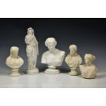 A small group of Parian ware busts of Classical maidens, comprising a pair titled 'Morning and '