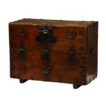 An antique Korean iron bound pine and elm Bandaji chest, with split fall front, 35½ x 18in. (90.1