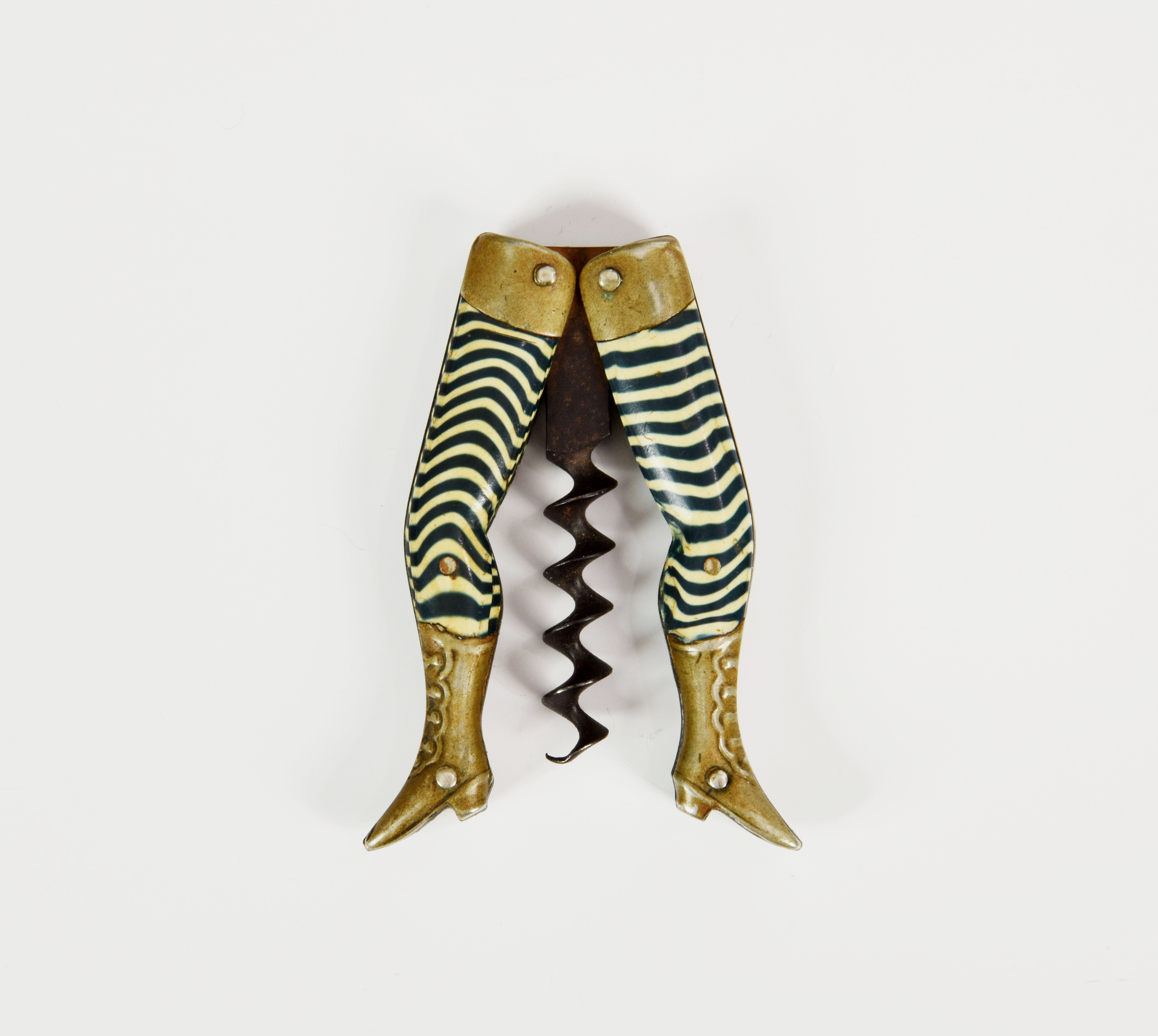 A corkscrew modelled as a pair of Victorian lady's legs in striped pantaloons, German, maker