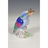 A Herend porcelain Kingfisher, hand painted in Vieux Herend (VHB) blue fish scale design, with blue,