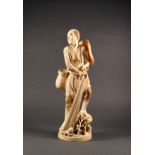 A finely carved Japanese ivory figure of a fisherman, pulling up his fishing net, a hat on one