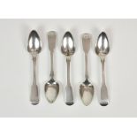 A set of five Channel Islands silver fiddle pattern teaspoons, maker's mark CWQ, struck once (