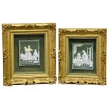 Two pate-sur-pate plaques in gilt frames 'La Comparaison' and 'L'Essai du Corset', French, late 19th
