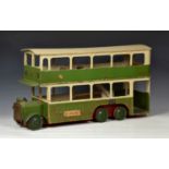 Triang - an unusual early wooden Double Deck open cab (Omnibus) bus, c. 1930, green and cream