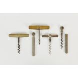 Five pocket picnic corkscrews, comprising a brass roundlet multi-tool corkscrew, unscrewing to