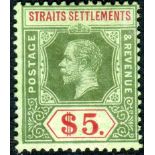 Malaya Stamps : Straits Settlements 1915 $5 Green and Red Green mounted mint SG 212a