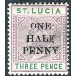 Saint Lucia Stamps : 1891 1/2d on 3d Dull Mauve and Green Die II mounted mint