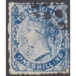 Turks and Caicos Stamps: 1867 1/- Blue used SG 3 Ct £60