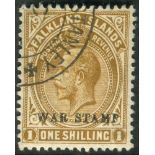 Falklands Stamps : 1918 1/- Bistre Brown with War Stamp over print fine used