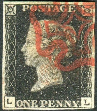 Great Britain Stamps : Penny Black plate 4 four margins lettered LL SG2