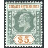 Malaya Stamps : 1902 Straits Settlements $5 Dull Green and Brown Orange mounted mint SG 121