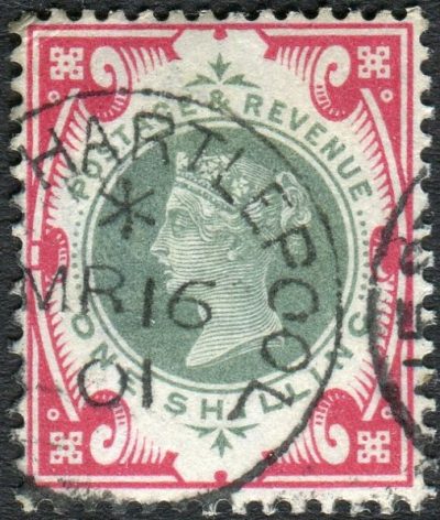 Great Britain Stamps : 1/- Dull Green and Carmine fine used Hartlepool CDS SG 214