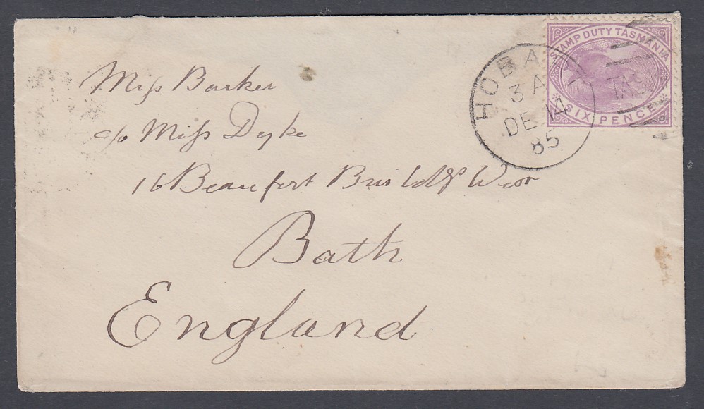 POSTAL HISTORY Tasmania 1885 6d stamp duty on cover from Hobart to Bath England,