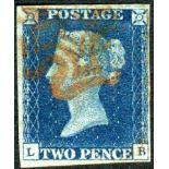 Great Britain Stamps : 1840 Two Penny Blue four margin example plate 1 lettered LB Red MX SG 4