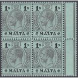 STAMPS MALTA 1914 GV 1/- black/blue green (white back), U/M marginal block of four, SG 81.