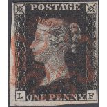 GREAT BRITAIN STAMPS PENNY BLACK Plate 6 , very fine fine margin example with red MX,