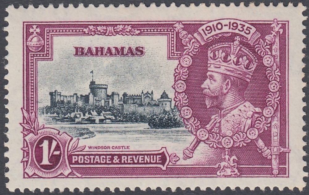 STAMPS BAHAMAS 1935 Silver Jubilee, 1/- with 'dash by turret' variety, fine M/M, SG 144i.