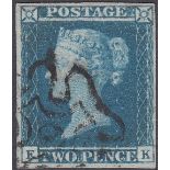 GREAT BRITAIN STAMPS : 1841 2d Blue four margin example lettered (EK) cancelled by No 6 in MX,