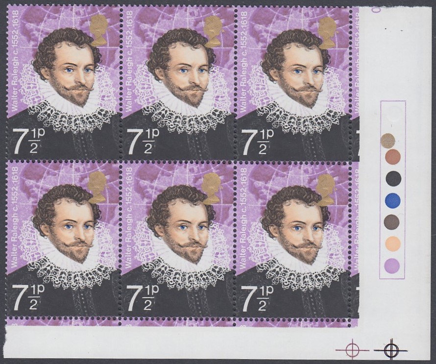 GREAT BRITAIN STAMPS : 1973 Explorers 7 1/2p unmounted mint corner block of six showing shift of