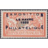 STAMPS FRANCE 1929 Le Havre Exhibition 2fr overprint stamp, very lightly M/M, SG 470.