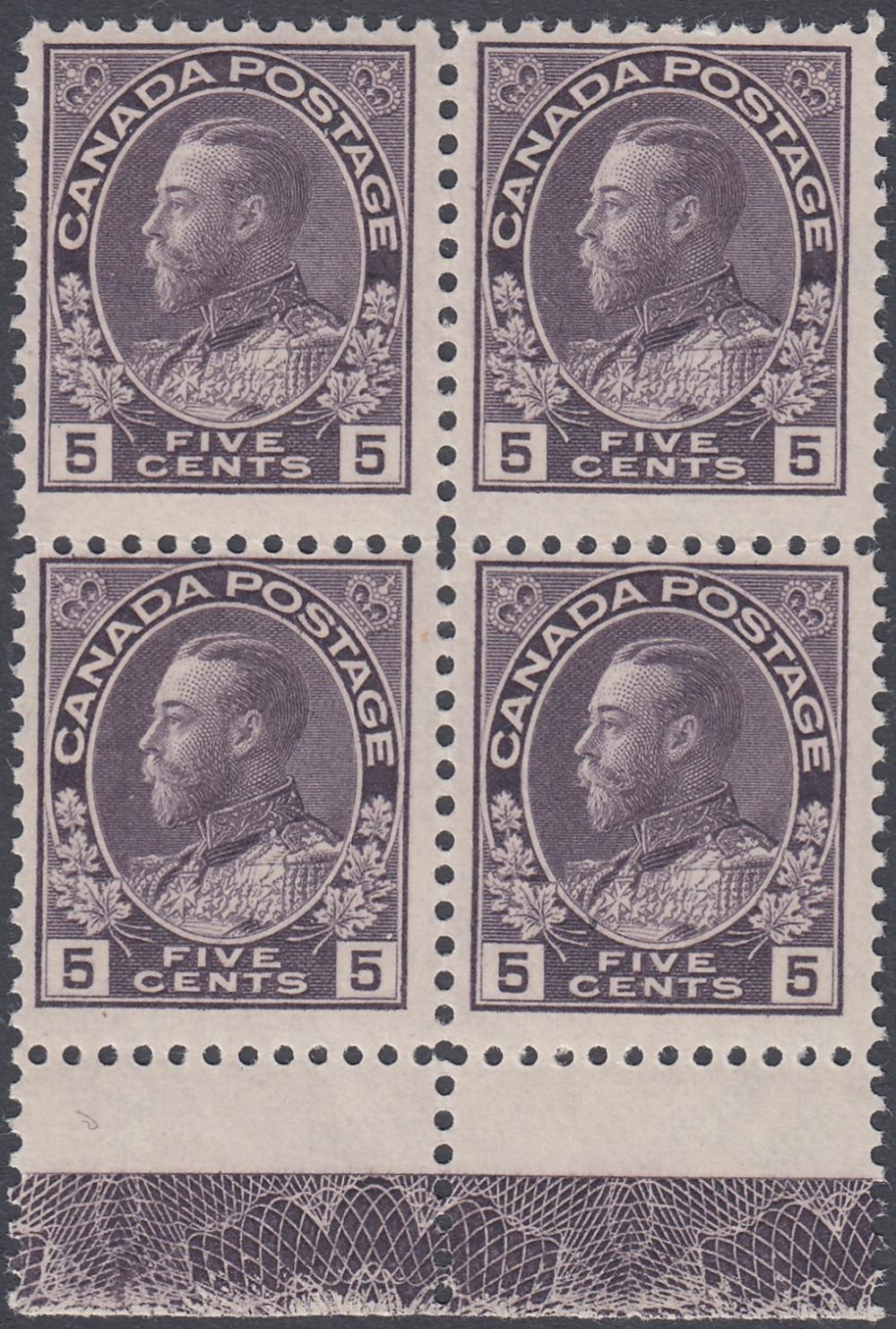 STAMPS CANADA 1922 5c Violet, lightly mounted mint marginal block of four with Lathwork Type D,