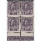 STAMPS CANADA 1922 5c Violet, lightly mounted mint marginal block of four with Lathwork Type D,